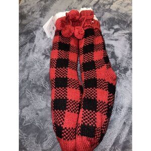 Women's Slipper Socks Buffalo Check Plaid Sherpa Lined  Red/Black Size 4-10. N